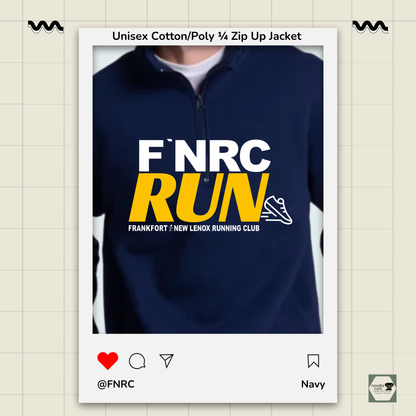 Close up view of the Navy Russell 1/4 Zip Jacket with the bold FNRC RUN logo in white and gold, framed by a product display border.