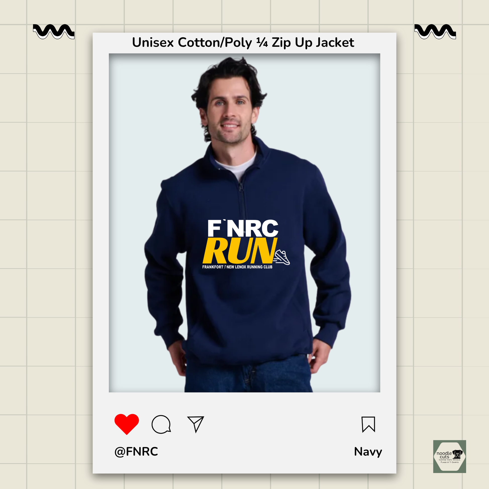 Navy Russell 1/4 Zip Jacket with the bold FNRC RUN logo in white and gold, framed by a product display border.