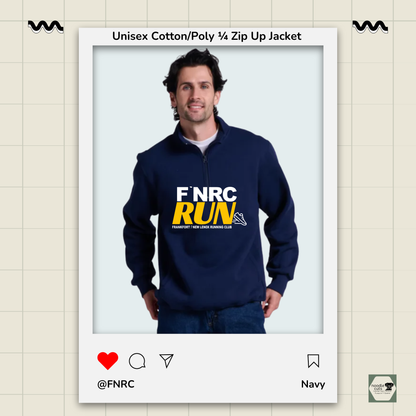 Navy Russell 1/4 Zip Jacket with the bold FNRC RUN logo in white and gold, framed by a product display border.
