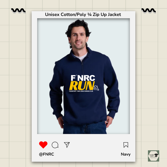 Navy Russell 1/4 Zip Jacket with the bold FNRC RUN logo in white and gold, framed by a product display border.
