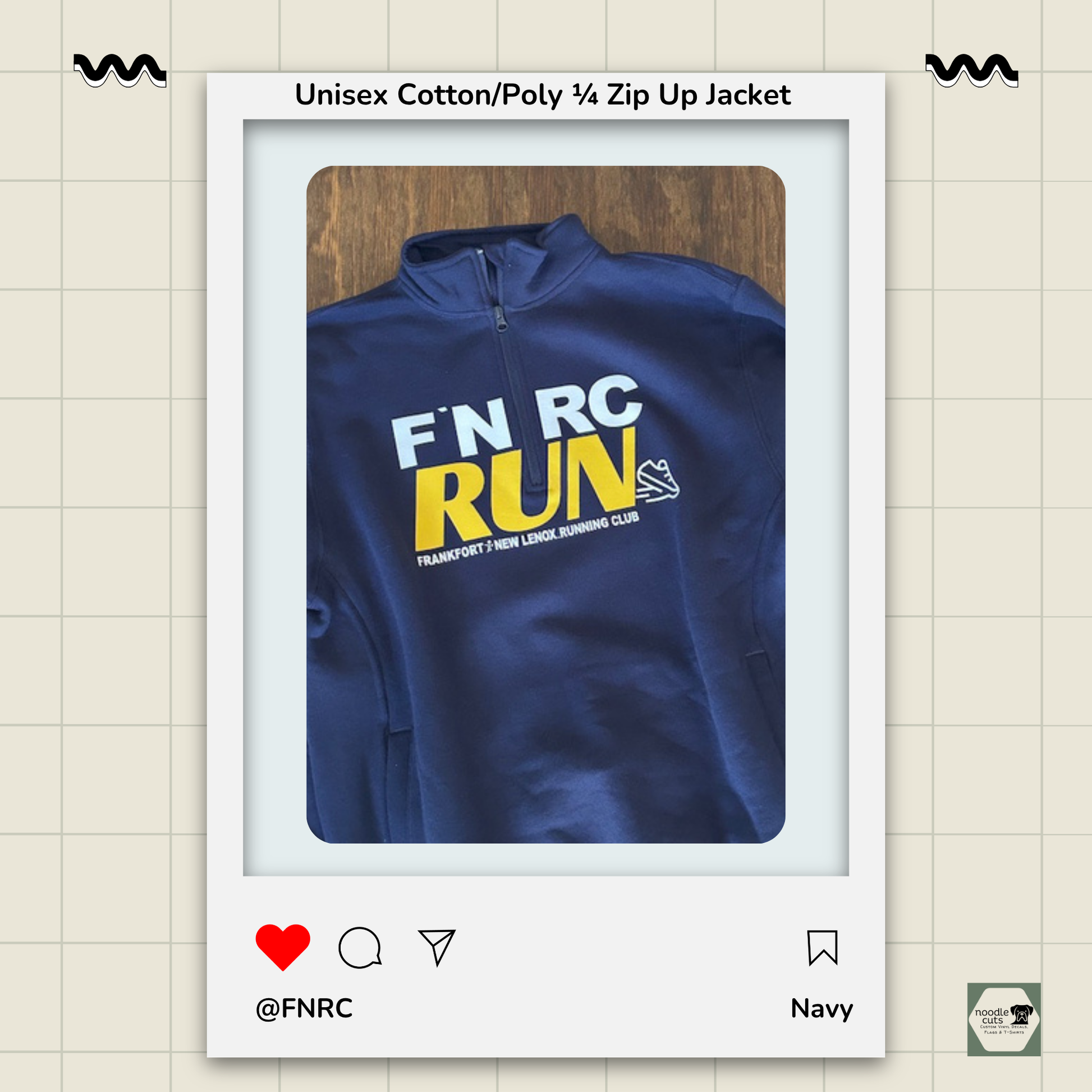 Navy Russell 1/4 Zip Jacket with the bold FNRC RUN logo in white and gold, framed by a product display border. Not a product mockup.