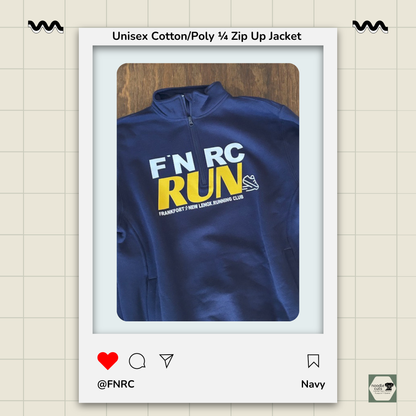 Navy Russell 1/4 Zip Jacket with the bold FNRC RUN logo in white and gold, framed by a product display border. Not a product mockup.