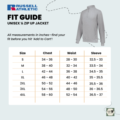 Russell 1/4 Zip Jacket framed by a fit guide with size chart on a light biue background.