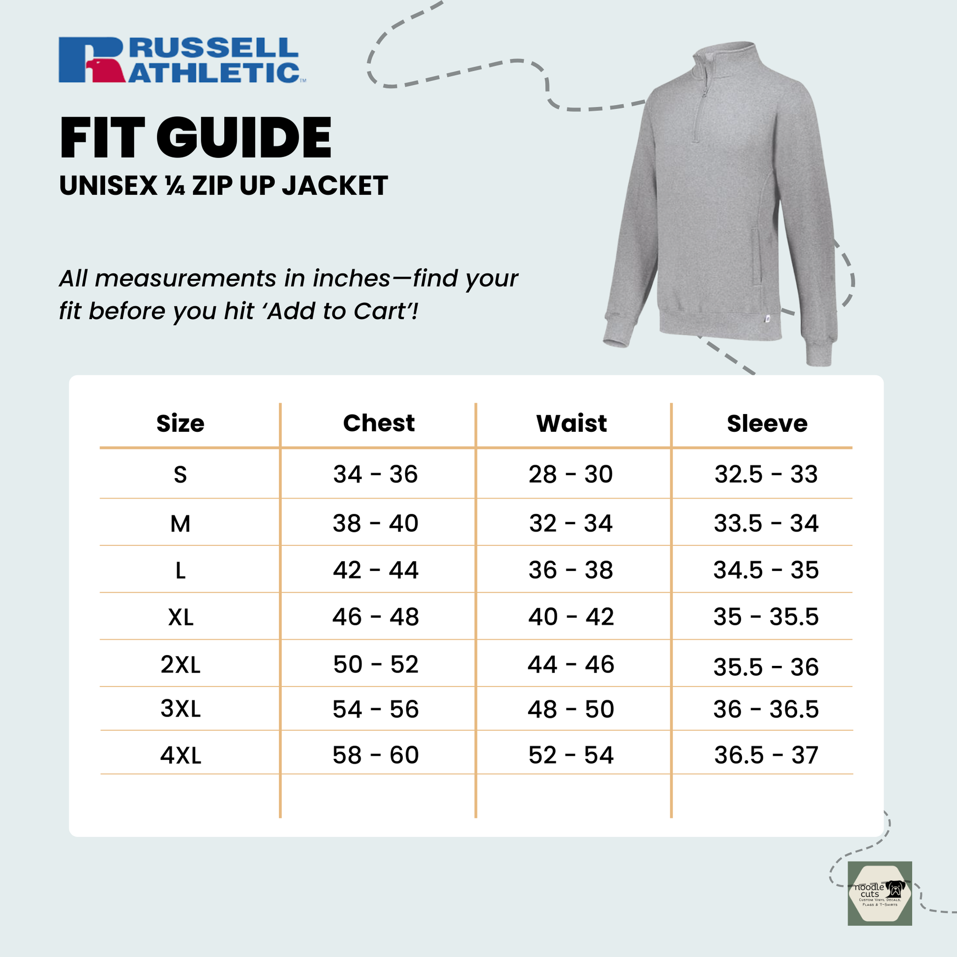 Russell 1/4 Zip Jacket framed by a fit guide with size chart on a light biue background.