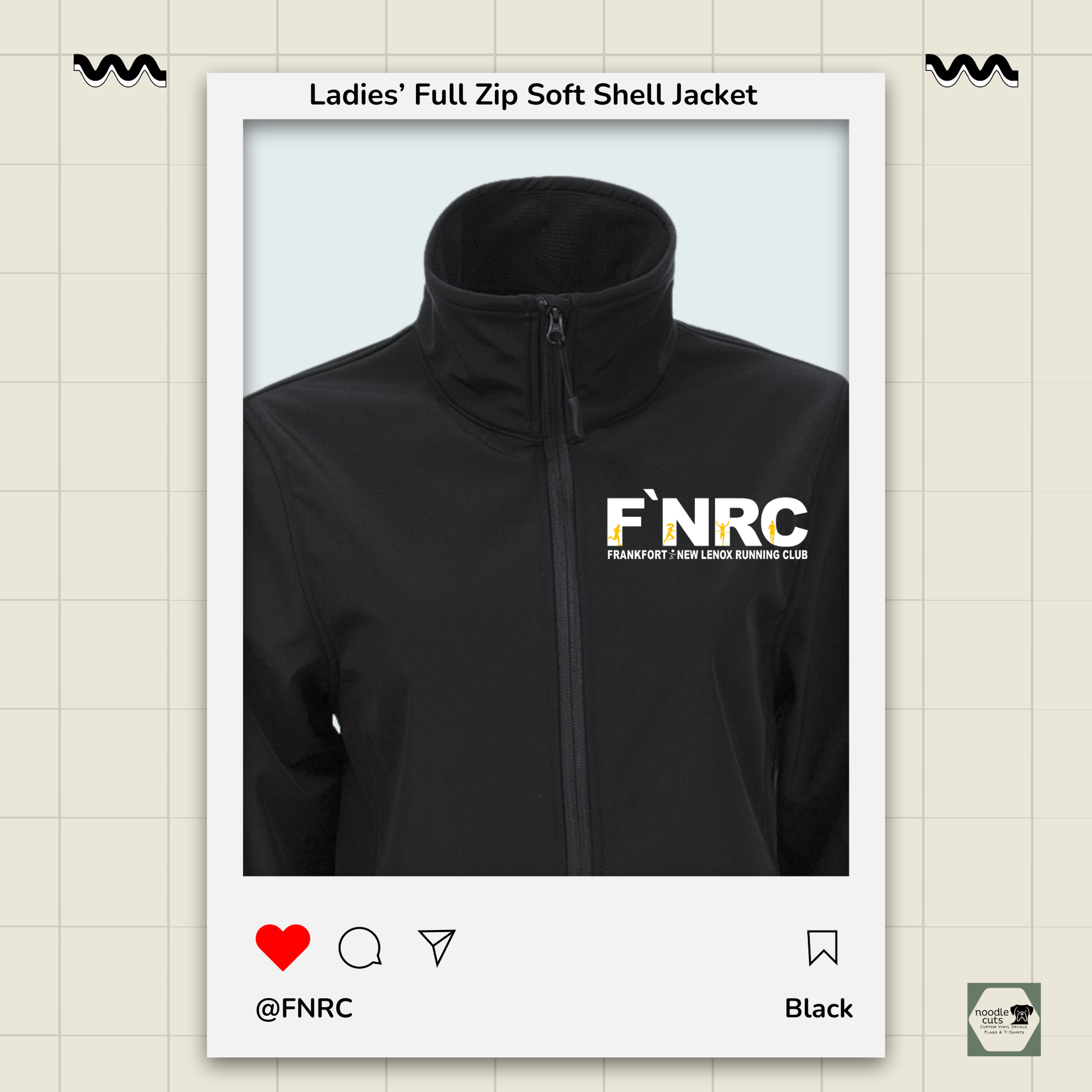 Close up view of the black Primease Ladies' Full Zip Soft Shell Jacket rebranded FNRC logo in white and gold, framed by a product display border.