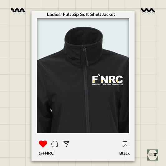 Close up view of the black Primease Ladies' Full Zip Soft Shell Jacket rebranded FNRC logo in white and gold, framed by a product display border.