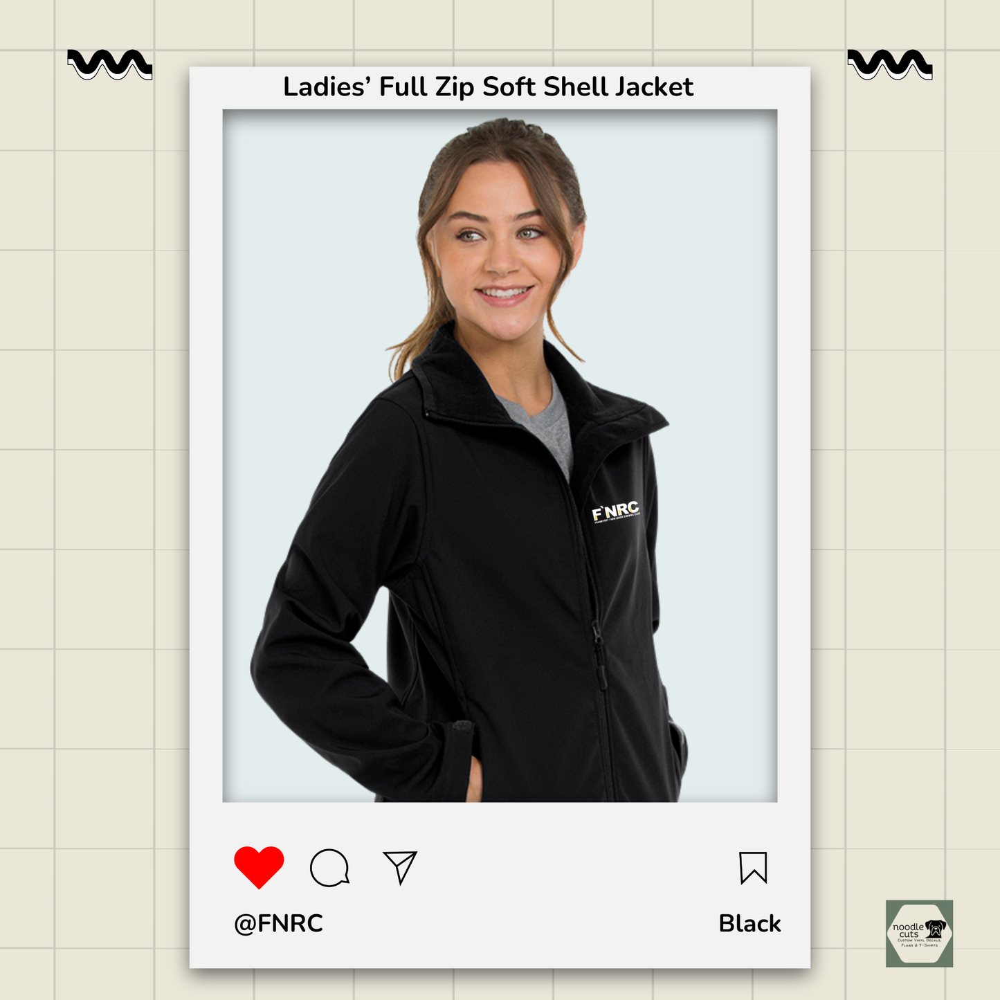 Front/side view of the black Primease Zorrel Ladies' Full Zip Soft Shell Jacket with the rebranded FNRC logo in white and gold, framed by a product display border.