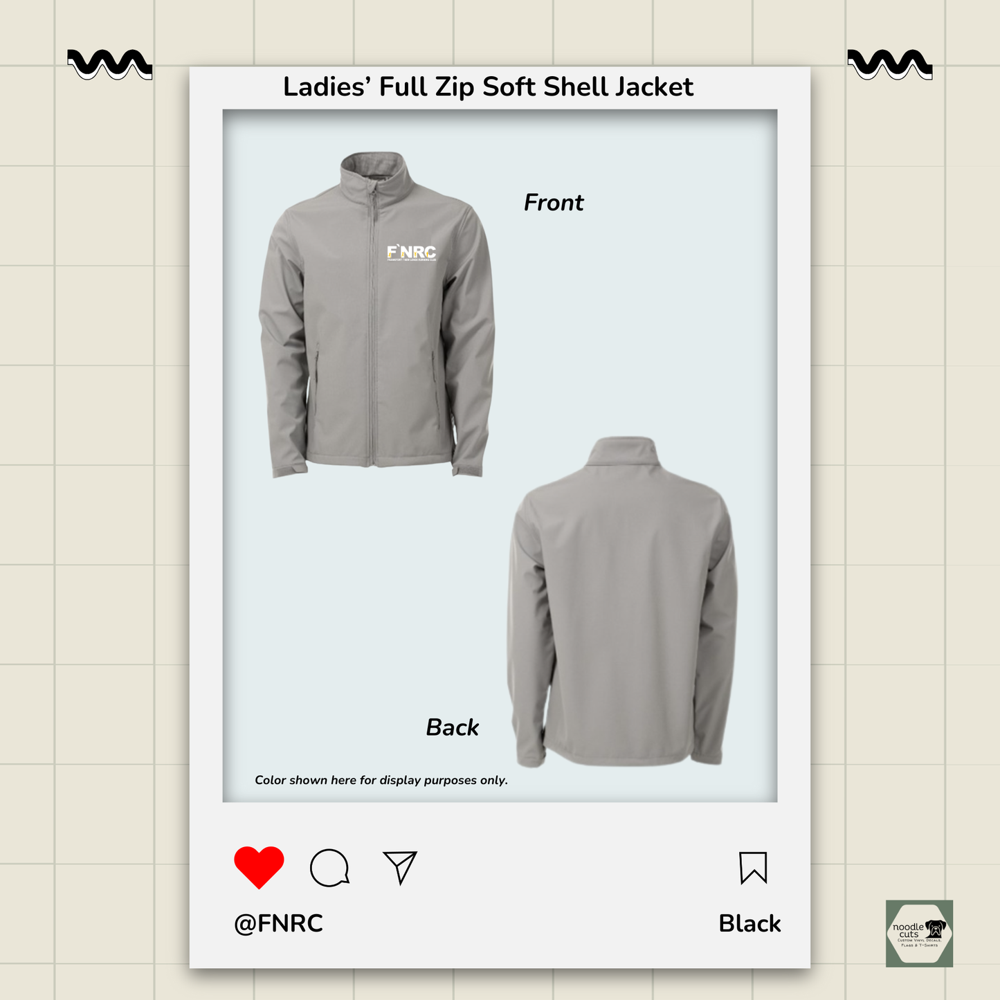 Front and back view of the grey Primease Zorrel Ladies' Full Zip Soft Shell Jacket with the rebranded FNRC logo in white and gold, framed by a product display border. Color shown for viewing purposes only, item available only in black.