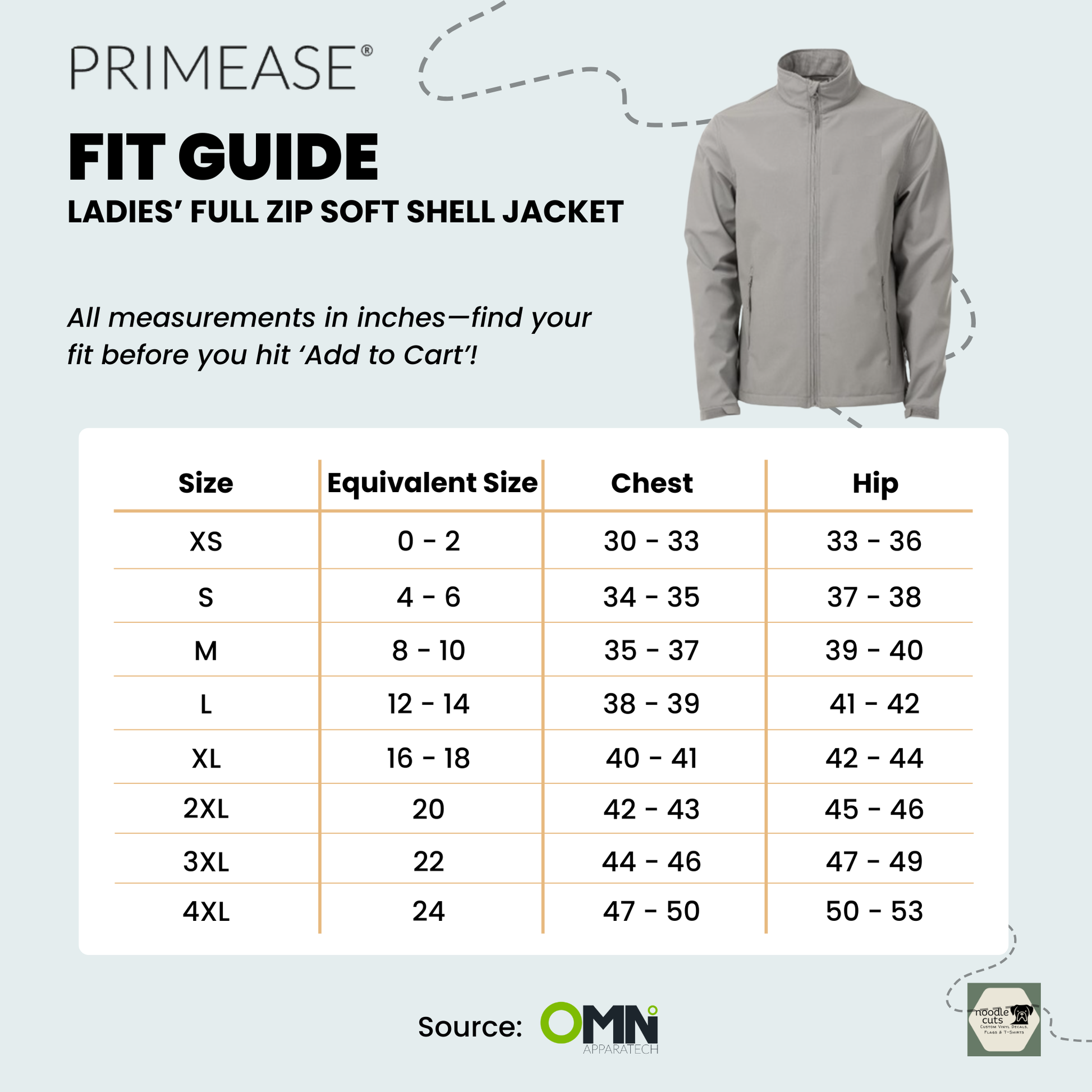Primease Zorrel Ladies' Full Zip Soft Shell Jacket framed by a fit guide with size chart on a light biue background.