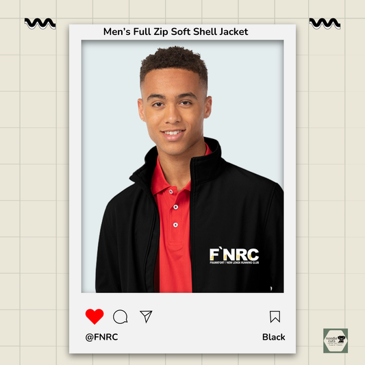 Black Primease Zorrel Men's Full Zip Soft Shell Jacket with the rebranded FNRC logo design in white and gold, framed by a product display border.